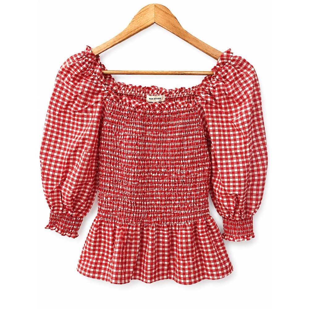 Max Studio Red Gingham Smocked Puff Sleeve Peplum Top Farmhouse Small NWT